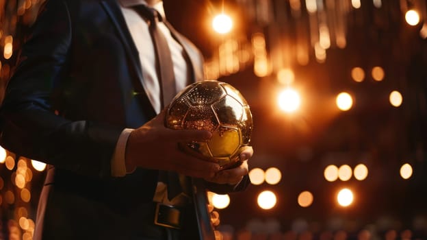 A man is holding a gold soccer ball in his hand.
