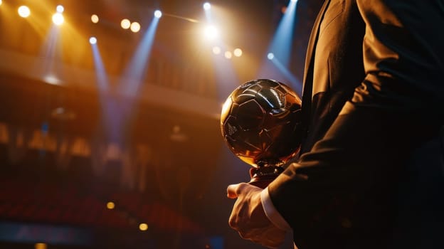 A man is holding a gold soccer ball in his hand.