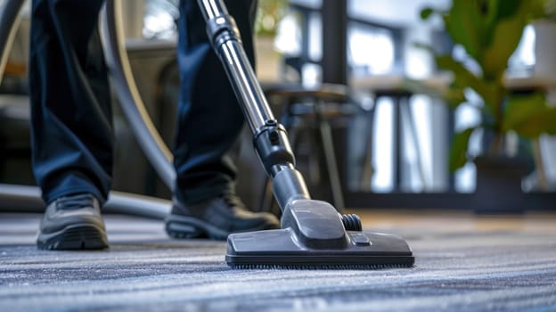 A person is vacuuming a carpet. The carpet is blue and the person is wearing black