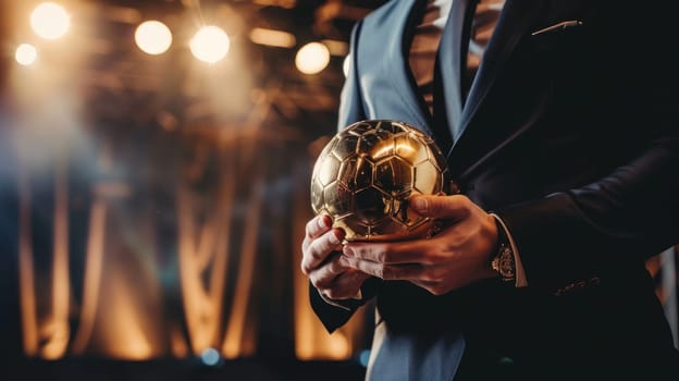 A man is holding a gold soccer ball in his hand. Concept of achievement and success, as the man is dressed in a suit and tie, which is typically associated with formal events and accomplishments