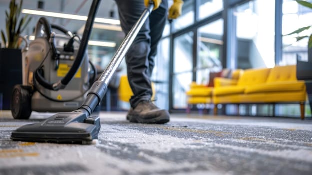 A person is vacuuming a carpet.