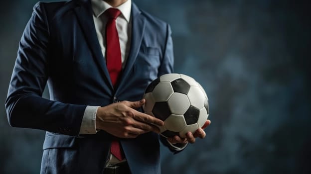 A football manager wear suit and red tie hand holding football.
