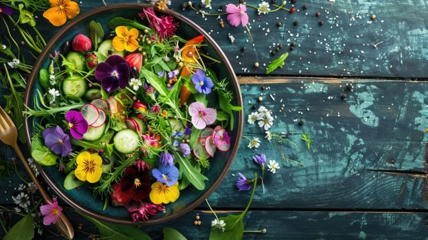 A plantbased recipe using natural foods like vegetables and edible flowers, beautifully presented on tableware. Includes ingredients like roses, fruits, and fresh vegetables AIG50