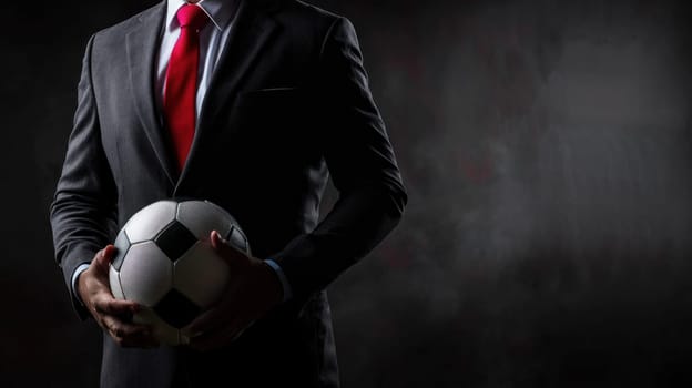 A football manager wear suit and red tie hand holding football.