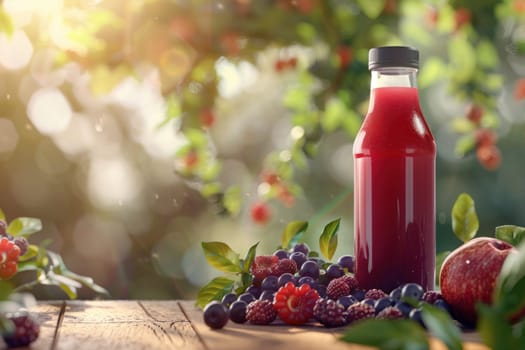 A bottle of juice is on a table with a bunch of fruit, including apples and blueberries. The juice is red and the fruit is fresh and ripe. Concept of health and vitality, as the juice