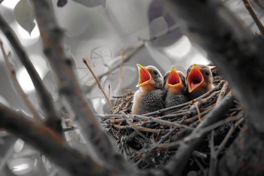 Three baby birds are sitting in a nest, one of which is eating.