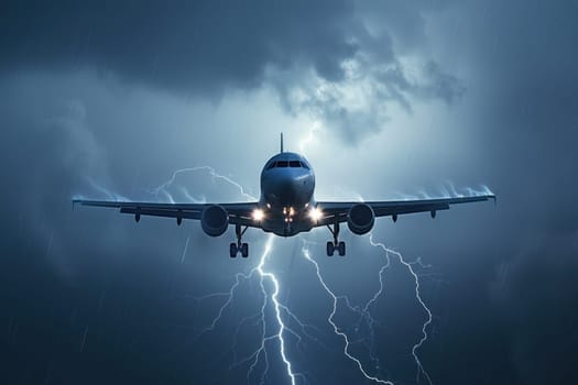 A plane is flying through a stormy sky.