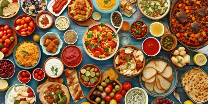 Aerial view of wooden table topped with a variety of plates and bowls of food. The plates are all different shapes and sizes and the food with national dish is arranged in a neat and tidy way. AIG42.