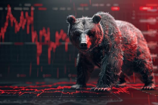 A bear is standing in front of a graph with red lines.