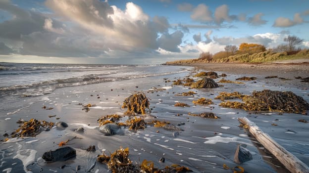A natural landscape with a beach covered in driftwood, under a cloudy sky with cumulus clouds. The horizon is visible over the water, with trees scattered along the shore AIG50