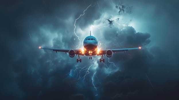 A plane is flying through a stormy sky. The sky is dark and cloudy, and there are many lightning bolts. The plane is the only object in the image, and it is the main focus