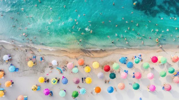 A birdseye view of a sandy beach adorned with colorful umbrellas, people enjoying the sun and water, against a backdrop of a vast blue sky AIG50