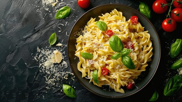 A staple food recipe featuring a bowl of pasta with tomatoes and basil, served on a sleek black tableware. A delicious and natural food dish perfect for sharing AIG50
