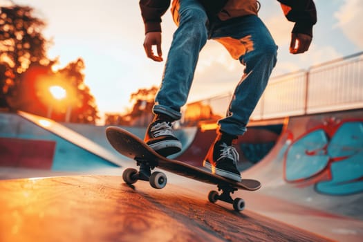 A skateboarder is riding a ramp at a skate park.