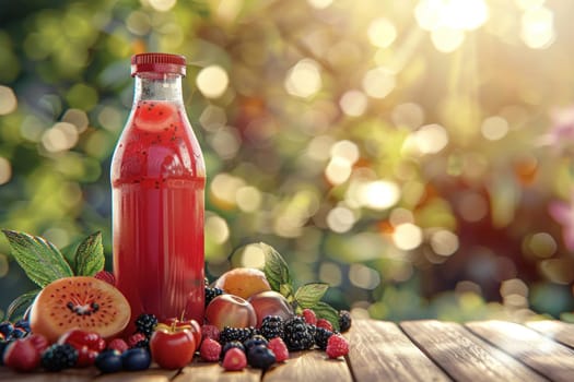 A bottle of juice is on a table with a bunch of fruit, including apples.