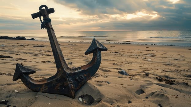 A weathered anchor rests on the sandy beach, surrounded by the gentle lapping of water. Nearby, a vibrant plant adds a touch of life to the serene scene AIG50