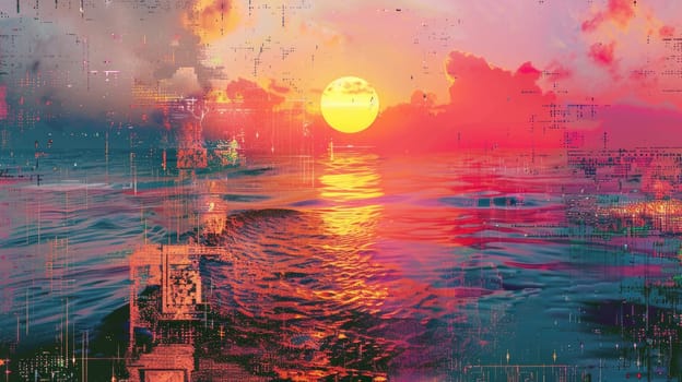 A beautiful painting depicting a peaceful sunset over a tranquil body of water, with vibrant red and orange hues reflecting in the sky and water AIG50