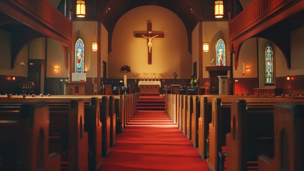 A church with a red carpet and stained glass windows. The interior is empty. The church is a place of worship and prayer