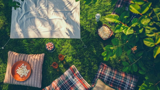 A picnic blanket is spread out on a vibrant green lawn surrounded by tall trees, shrubs, and colorful flowers, creating a picturesque tableau for a relaxing outdoor event AIG50