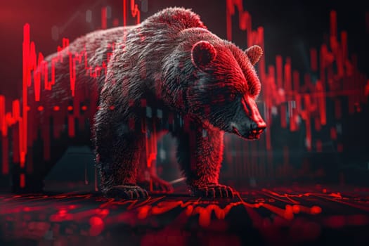 A bear is standing in front of a graph with red lines.