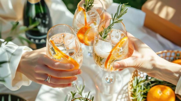 People are holding up two glasses of a drink with orange slices in them.