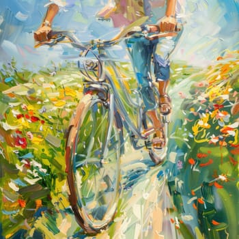 Riding a bicycle through a field of daisies, with the sun shining in the sky and fluffy clouds overhead, feeling the gentle breeze and admiring the beauty of nature AIG50