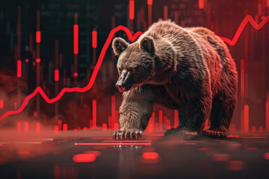 A bear is standing in front of a graph with red lines.