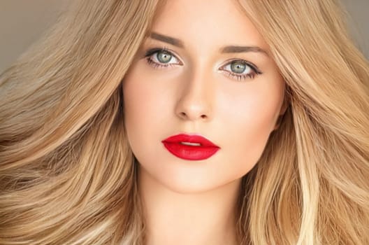 Beauty, makeup and hairstyle, face portrait of beautiful woman, red lipstick make-up and hair styling for skincare cosmetics, hair care, glamour style and fashion look idea