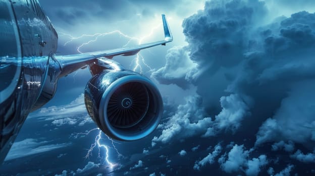 A plane is flying through a storm with a lightning bolt in the sky. Concept of danger and excitement, as the plane navigates through the turbulent weather