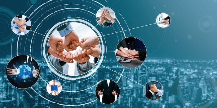Teamwork and human resources HR management technology concept in corporate business with people group networking to support partnership, trust, teamwork and unity of coworkers in office vexel
