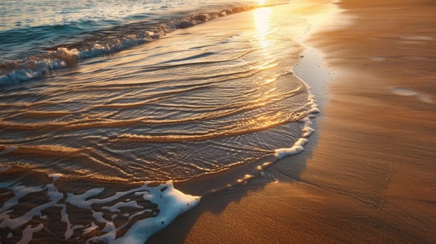 A close up of a sandy beach with waves crashing onto the shore, showcasing the beauty of natures water and wind waves in a natural landscape AIG50