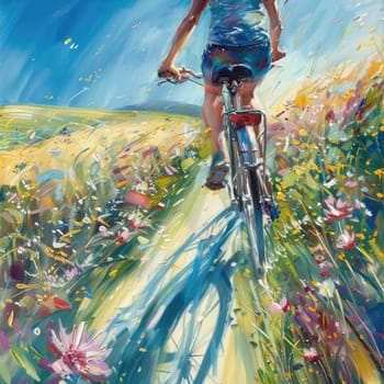 Riding a bicycle through a field of daisies, with the sun shining in the sky and fluffy clouds overhead, feeling the gentle breeze and admiring the beauty of nature AIG50