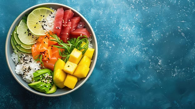 A delicious bowl of food with rice, avocado, salmon, and mango beautifully arranged on a table. A perfect blend of natural ingredients and vibrant flavors AIG50