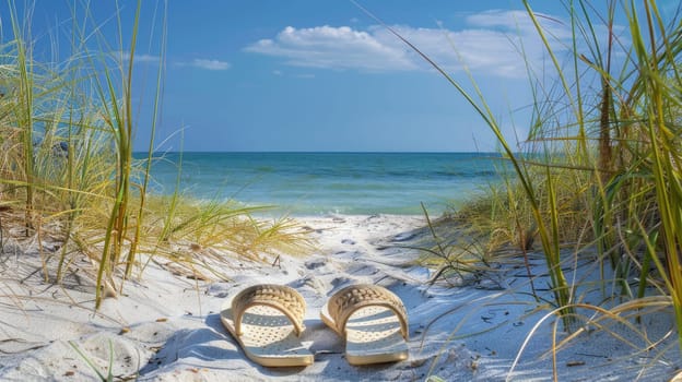 A pair of flip flops rests in the sand on a beach at sunset, with water gently lapping nearby and clouds painting the sky in hues of orange and pink AIG50