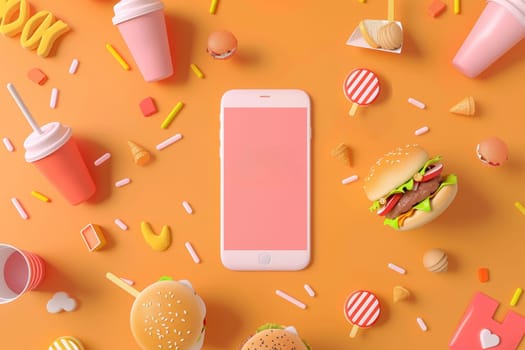 A food delivery app is shown on a phone with a variety of food items such as ham.