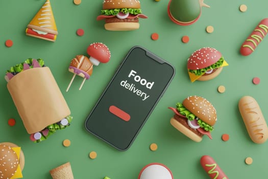 A food delivery app is shown on a green background with a variety of food items.