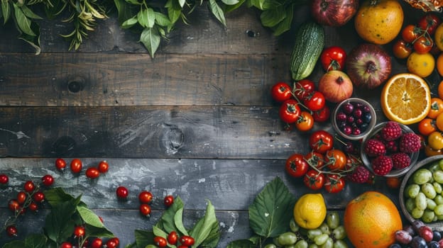 A wooden table adorned with a colorful array of fruits and vegetables, showcasing local food ingredients for wholesome recipes and natural whole foods AIG50
