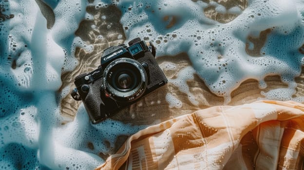 A camera is placed on a blanket at the beach, with the camera lens pointing towards the sea. It appears to be a digital camera, possibly a pointandshoot or mirrorless interchangeablelens camera AIG50