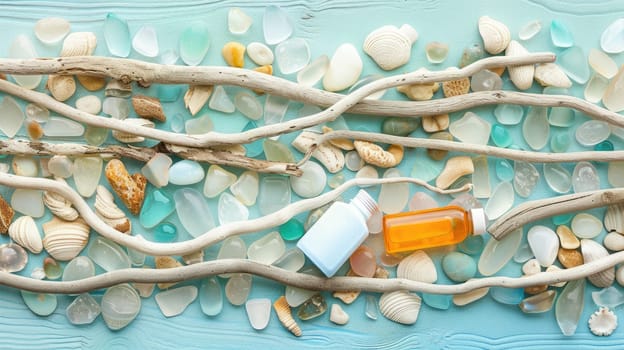 A bottle of paint sits amongst sea glass and driftwood, creating a unique art sculpture combining wood, glass, and water elements AIG50