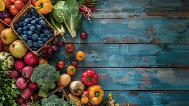 A wooden table adorned with a colorful array of fruits and vegetables, showcasing local food ingredients for wholesome recipes and natural whole foods AIG50