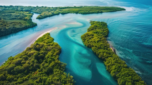 An electric blue watercourse winds through a verdant forest, creating a mesmerizing natural landscape of lush terrestrial plants and trees from above AIG50