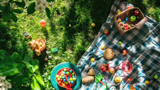 A group of children is enjoying a picnic surrounded by grass, trees, and shrubs in a natural landscape. They are leisurely soaking up the sun and appreciating the beauty of the environment AIG50