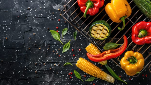 A variety of colorful bell peppers and chili peppers are sizzling on the grill, ready to be used as ingredients in a delicious recipe. These natural foods add flavor and nutrition to any cuisine AIG50