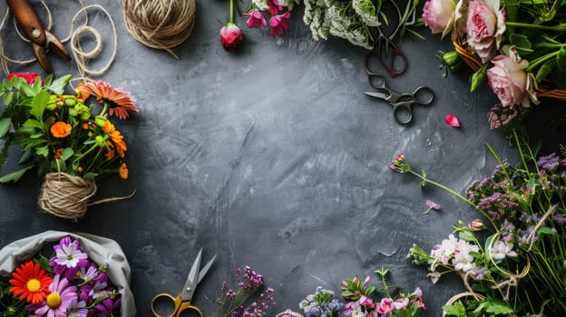 The table is adorned with a variety of flowers, each unique in color and shape. The vibrant petals create a beautiful display, adding a touch of natures beauty to the room AIG50