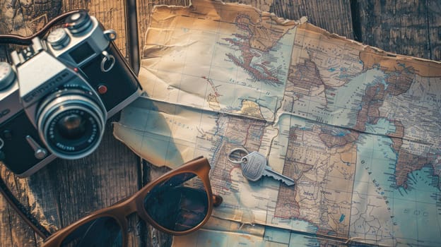 A camera, sunglasses, keys, and a map lay on a hardwood table, showcasing a beautiful wood grain pattern. The rectangle table is made of sturdy planks with a rich wooden font AIG50