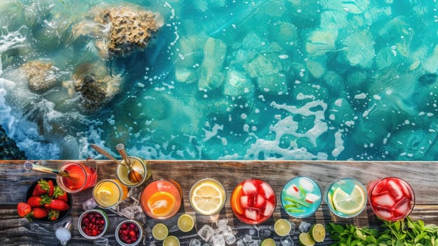 A line of beverages placed on a wooden pier by the ocean, surrounded by a natural environment with lush plants, trees, and underwater organisms. A tranquil scene for leisure AIG50