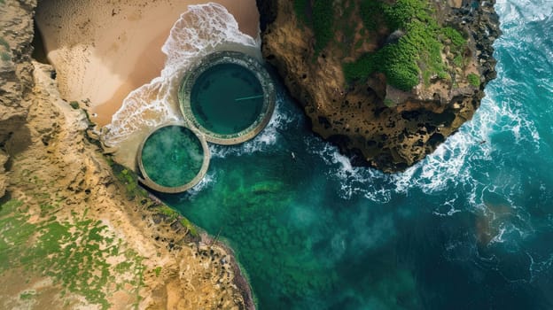 A breathtaking aerial view of a water body encircled by rocks, with green grass and trees creating a stunning natural landscape resembling a painting AIG50