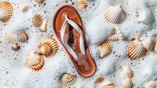 An electric blue flip flop is peacefully floating in the azure water, encircled by seashells, creating a beautiful natural art composition AIG50