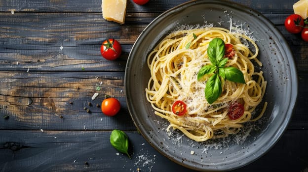 A staple food recipe featuring a bowl of pasta with tomatoes and basil, served on a sleek black tableware. A delicious and natural food dish perfect for sharing AIG50