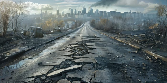 A post-apocalyptic city with a cracked road in the foreground and a destroyed city in the background. AIG51A.